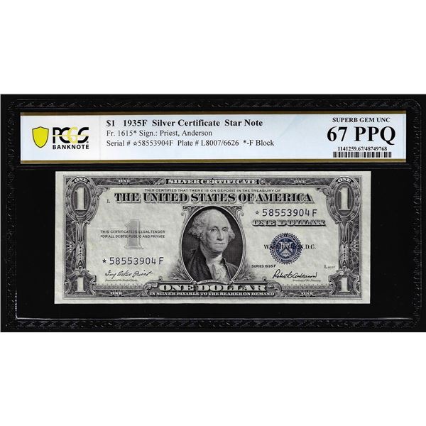 1935F $1 Silver Certificate STAR Note Fr.1615* PCGS Superb Gem Uncirculated 67PPQ