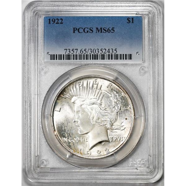 1922 $1 Peace Silver Dollar Coin PCGS MS65