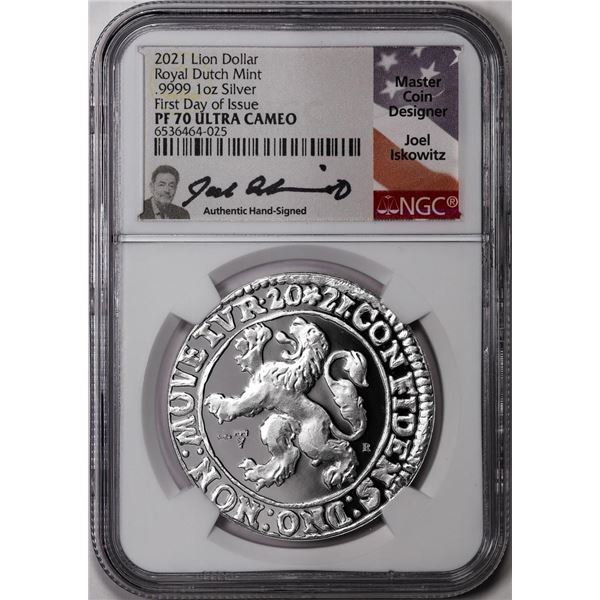 2021 Netherlands Proof Lion Dollar Silver Coin NGC PF70 Ultra Cameo FDOI Signed