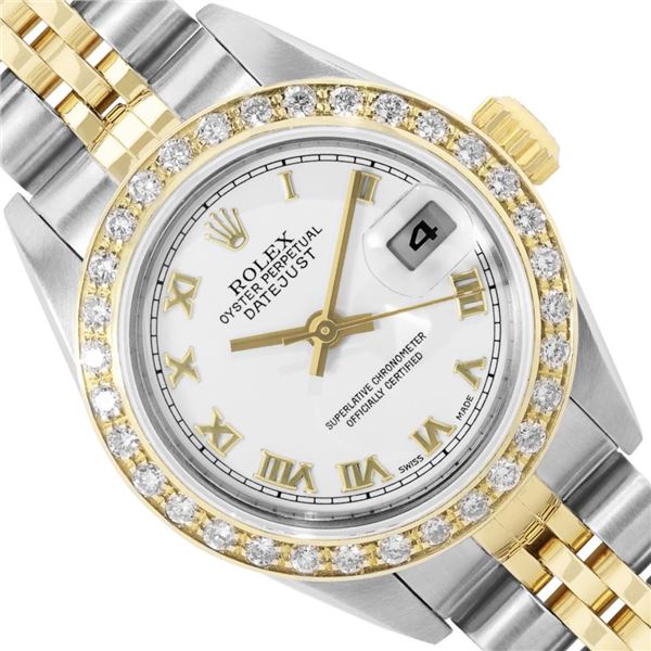 Rolex Ladies Two Tone White Roman Diamond Datejust Wristwatch With Rolex Box