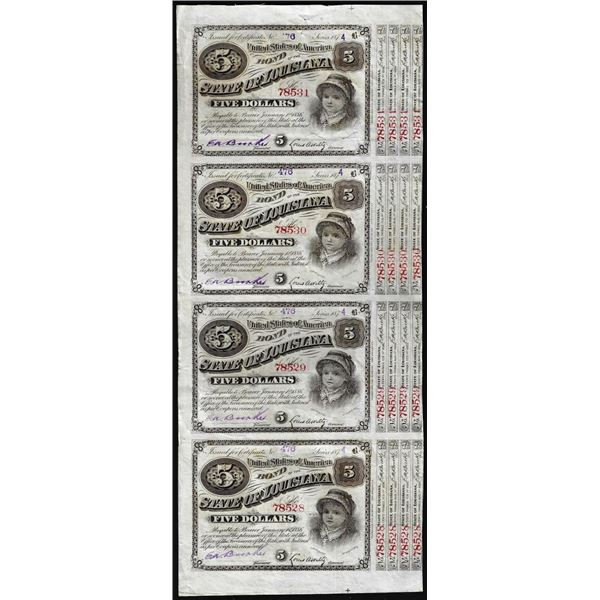 Uncut Sheet of (4) State of Louisiana Baby Bond Obsolete Notes