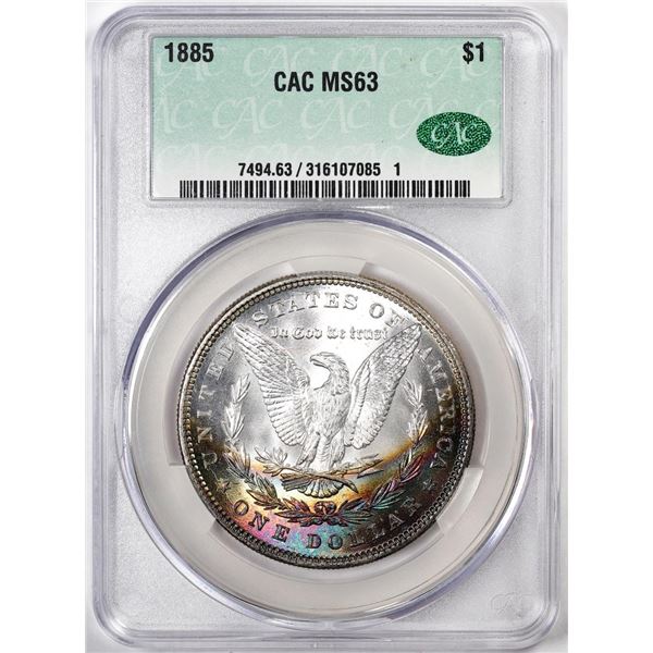 1885 $1 Morgan Silver Dollar Coin CAC MS63 Amazing Reverse Toning