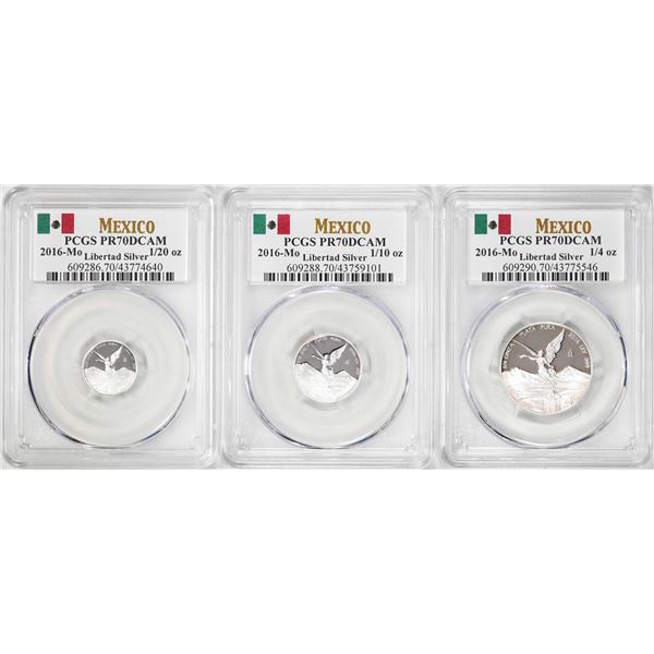 Lot of 2016-Mo Mexico Proof 1/20, 1/10 and 1/4 oz Silver Libertad Coins PCGS PR69DCAM