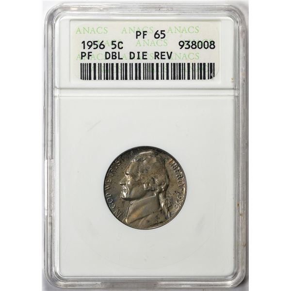 1956 Double Die Reverse Proof Jefferson Nickel Coin ANACS PF65 Soapbox Holder