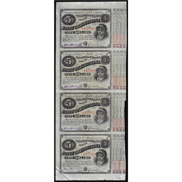 Uncut Sheet of (4) State of Louisiana Baby Bond Obsolete Notes