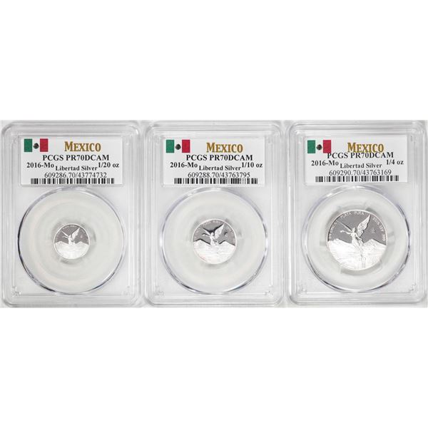 Lot of 2016-Mo Mexico Proof 1/20, 1/10 and 1/4 oz Silver Libertad Coins PCGS PR69DCAM