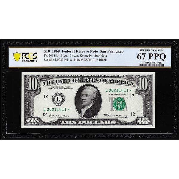 1969 $10 Federal Reserve STAR Note Fr.2018-L* PCGS Superb Gem Unc 67PPQ Top Pop