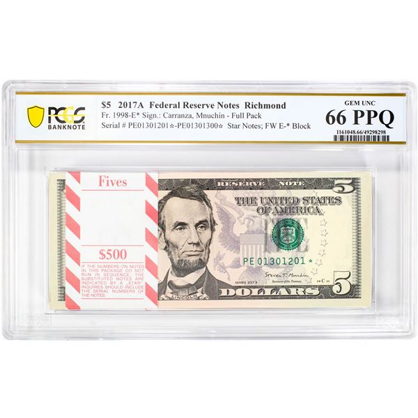 Pack of 2017A $5 Federal Reserve STAR Notes Richmond Fr.1998-E* PCGS Gem UNC 66PPQ