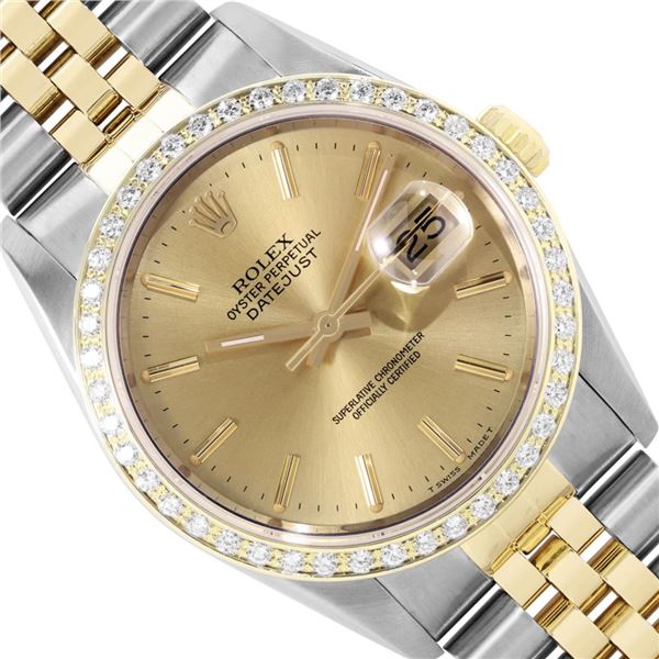 Rolex Mens Two Tone Champagne Index Diamond Datejust Wristwatch With Rolex Box