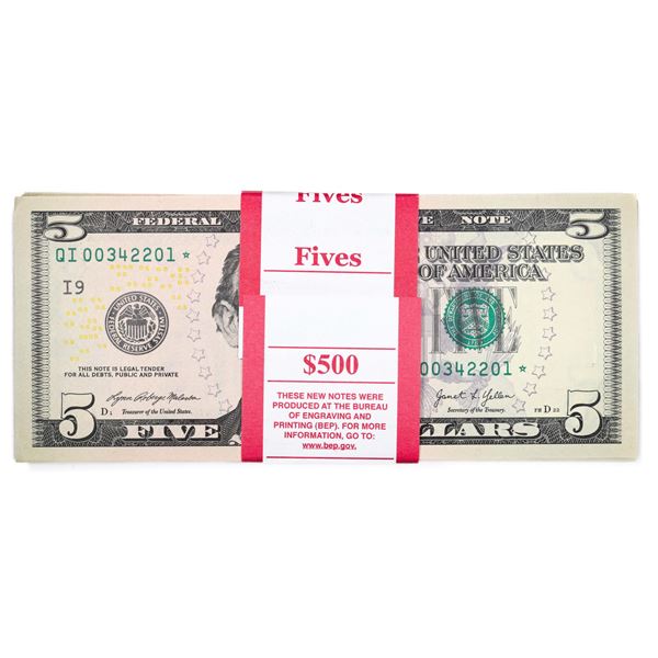 Pack of (100) Consecutive 2021 $5 Federal Reserve Star Notes