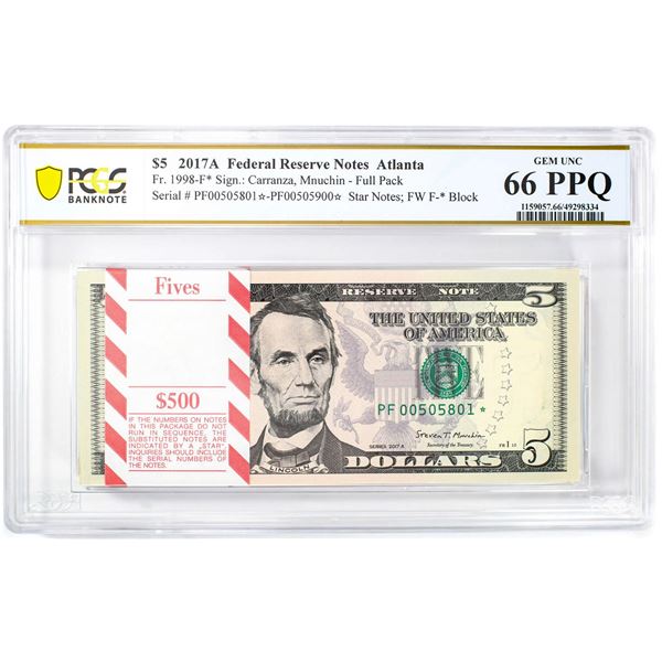 Pack of 2017A $5 Federal Reserve STAR Notes Atlanta Fr.1998-F* PCGS Gem UNC 66PPQ