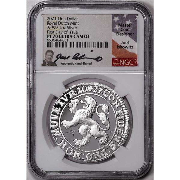 2021 Netherlands Proof Lion Dollar Silver Coin NGC PF70 Ultra Cameo FDOI Signed