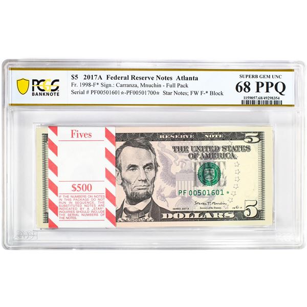 Pack 2017A $5 Federal Reserve STAR Notes Atlanta Fr.1998-F* PCGS Superb Gem UNC 68PPQ