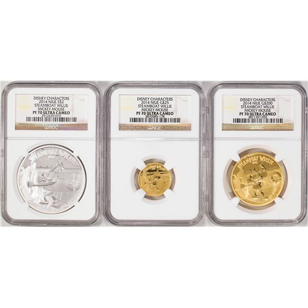 Set of (3) 2014 Disney Steamboat Willie Mickey Mouse Coins NGC PF70 Ultra Cameo w/COA