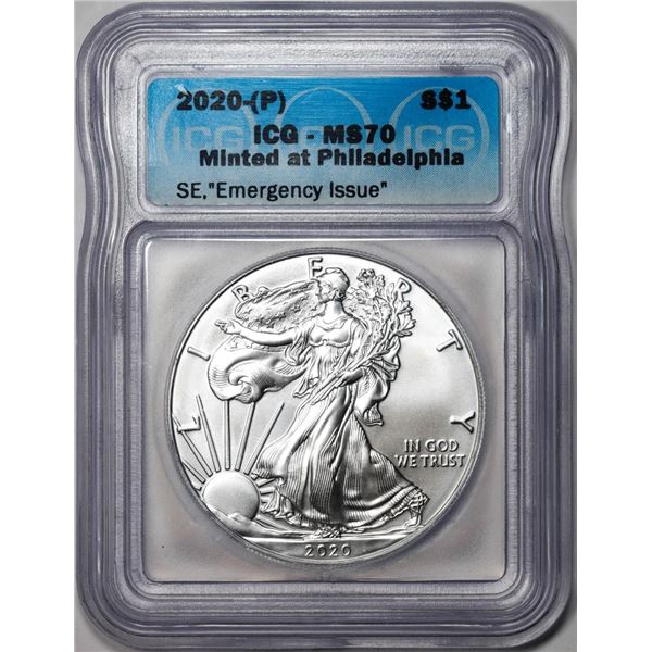 2020-(P) $1 American Silver Eagle Coin ICG MS70 Emergency Issue Philadelphia Mint