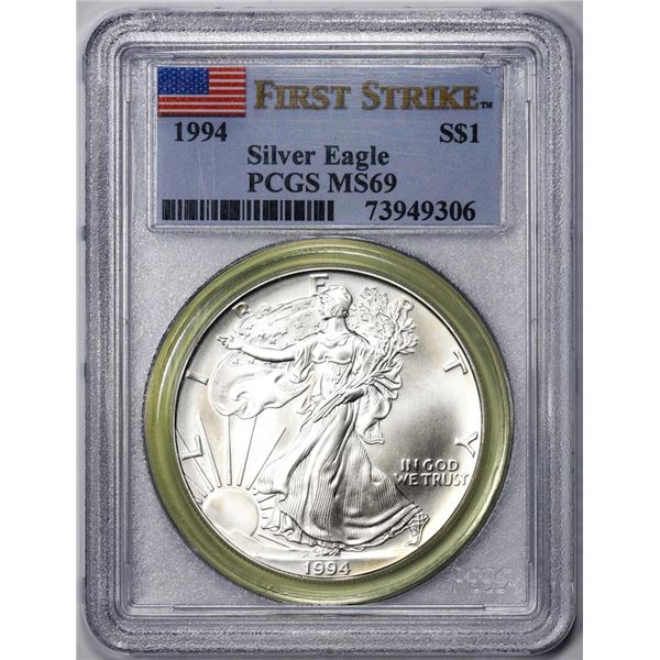 1994 $1 American Silver Eagle Coin PCGS MS69 First Strike