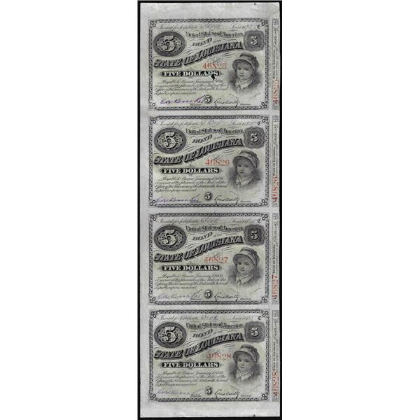 Uncut Sheet of (4) State of Louisiana Baby Bond Obsolete Notes