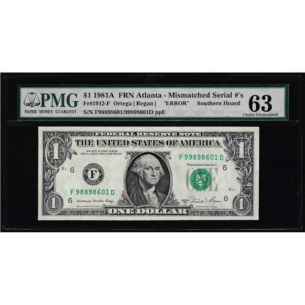 1981A $1 Federal Reserve Note Atlanta Mismatched S/N Error PMG Choice Uncirculated 63