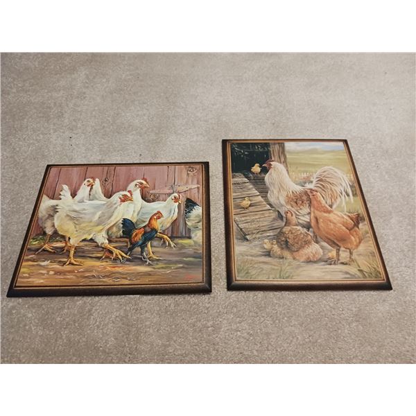 Two Wooden Pictures Of Chickens, By Hengen & Joy Campbell, Handmade In Edmonton Alberta 11"L 9"W *Me