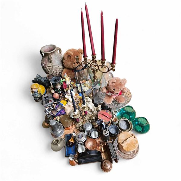 Large Group of Misc. Decor Including - Candle Holders, Teddy Bear, Dolls, Vase, Bell, Etc.