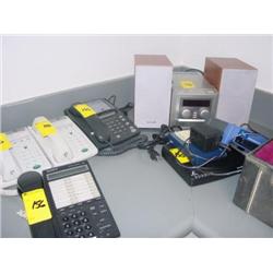 LOT - (2) LINKSYS NETWORK HUBS, MODEM, (4) PHONES, PANASONIC RADIO