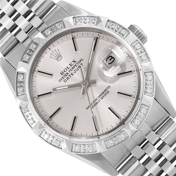 Rolex Mens Stainless Steel Silver Index Dial 18K Gold Pyramid Diamond Bezel Date