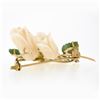 Image 5 : Vintage 18k Gold Carved Angel Skin Coral Rose Flowers w/ Jade Leaves Brooch Pin