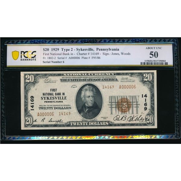 1929 $20 Sykesville PA National PCGS 50