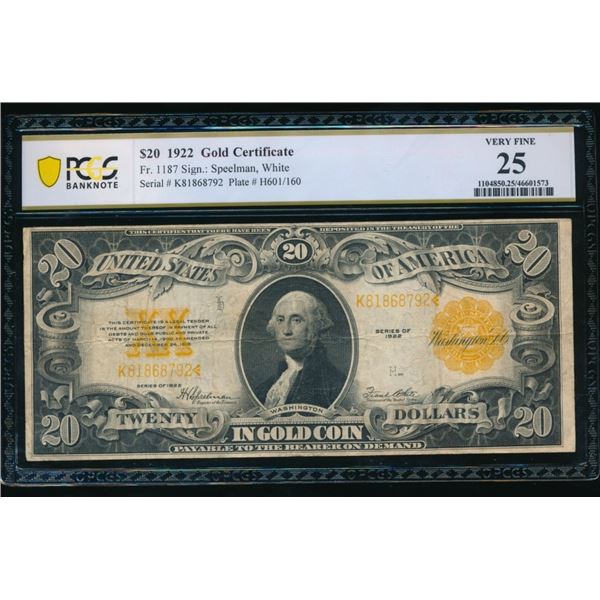 1922 $20 Gold Certificate PCGS 25