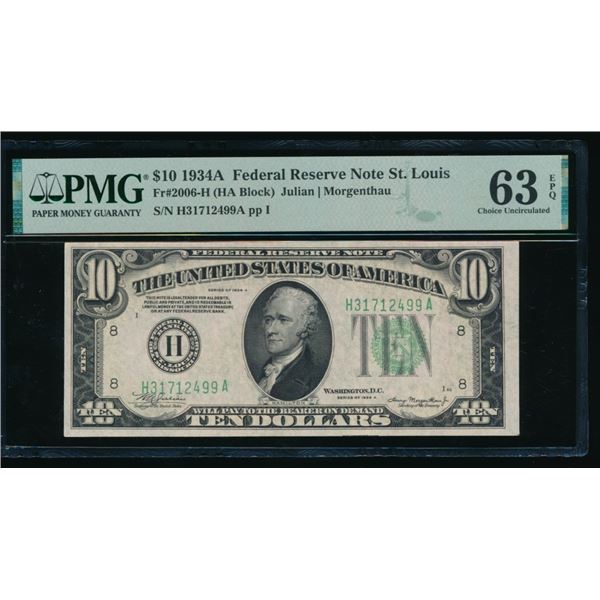 1934A $10 St Louis FRN PMG 63EPQ