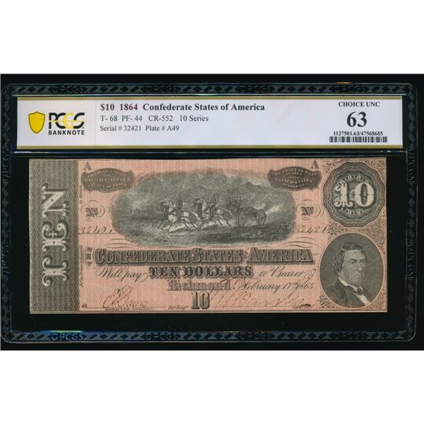 1864 $10 T-68 Confederate PCGS 63
