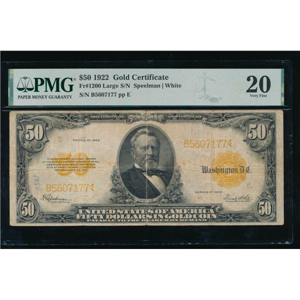 1922 $50 Gold Certificate PMG 20