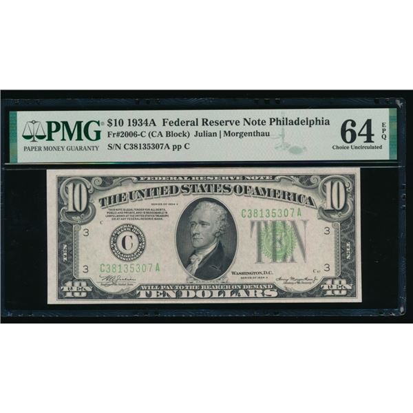 1934A $10 Philadelphia FRN PMG 64EPQ