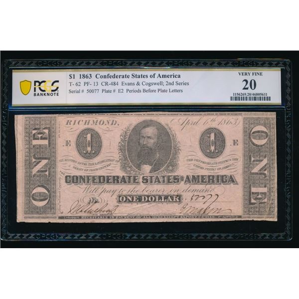 1863 $1 T-62 Confederate PCGS 20
