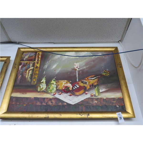 Framed Oil On Canvas Still Life Violin and Fruit - 24 X 30