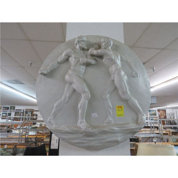 Plastic Figural Round Wall Plaque of Men Wrestling