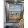 Image 2 : Framed Oil On Canvas Kids On Beach - 15 X 18