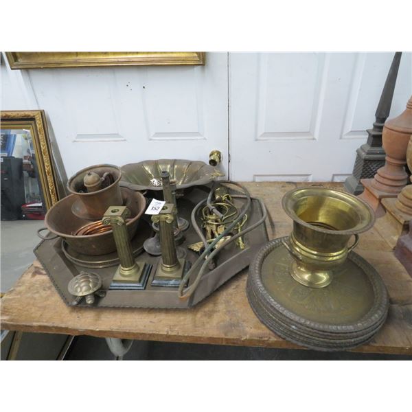 Brass and Copper Spitoon, Charger, Candlestands, Turtle, Décor