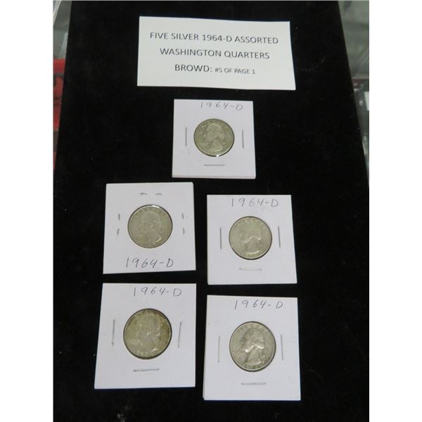 5 Silver 1964 D Washington Quarters