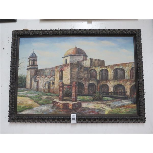 Framed Oil On Canvas Church Scene - 24 X 36