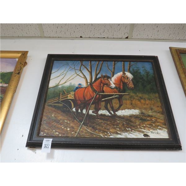 Framed Oil On Canvas Horse Pulling Logs - 20 X 24