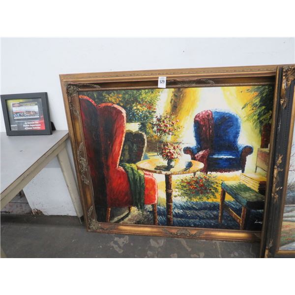 Framed Oil On Canvas Family Room Artist Signed - 40 X 48