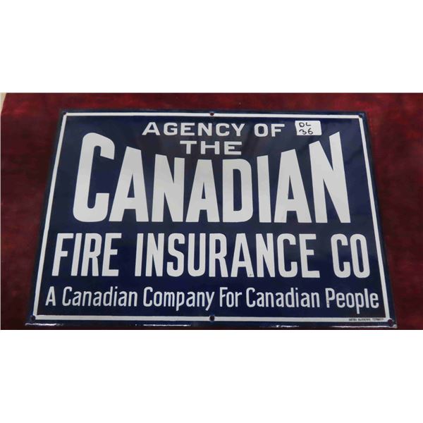 Vintage Canadian Fire Insurance Co. Porcelain Sign 12'' x 18''  Excellent