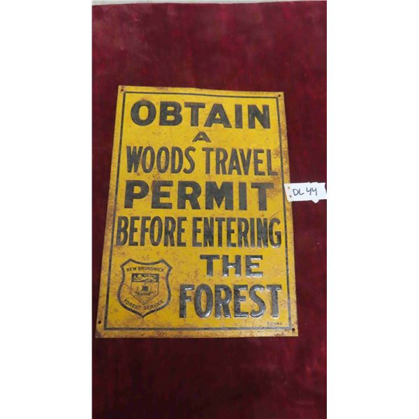 1945 Woods Travel Forest Permit Metal Embossed 10'' x 14'' 