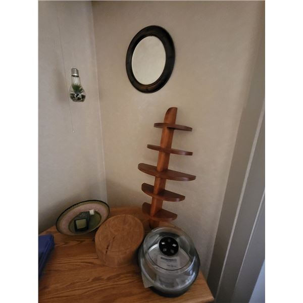 Lot Of Vintage Decor - Hand Carved Signed Clarence Wells Cedar Box + Wooden Rimmed Mirror, Mcm Woode
