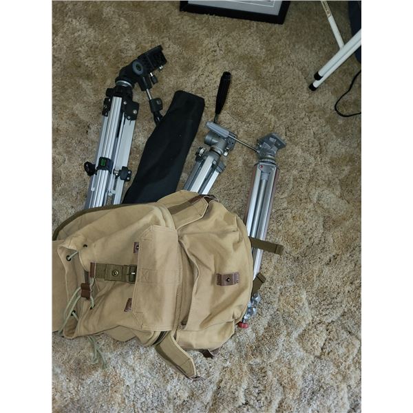Lot of Camera Tri Pods & Near New Camera Sachel
