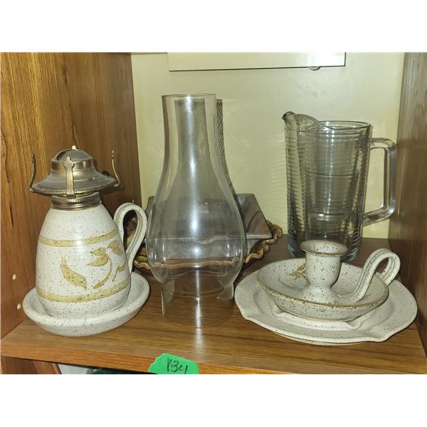 Contents of Shelf - Vintage Decor, Oil Lamp +