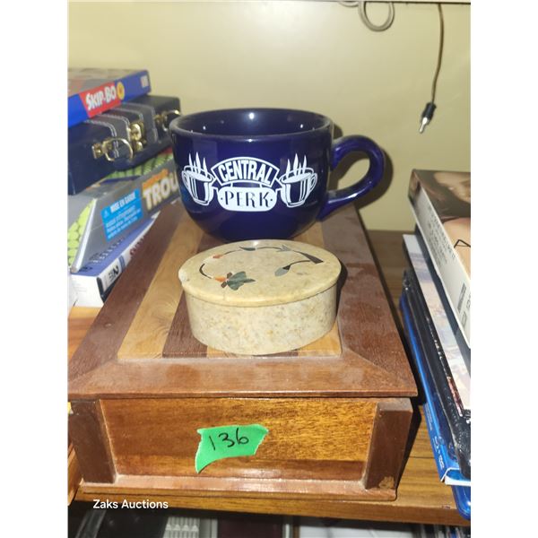 Coffee Perk Mug, Stone Trinket Box, Wooden Box with Contents