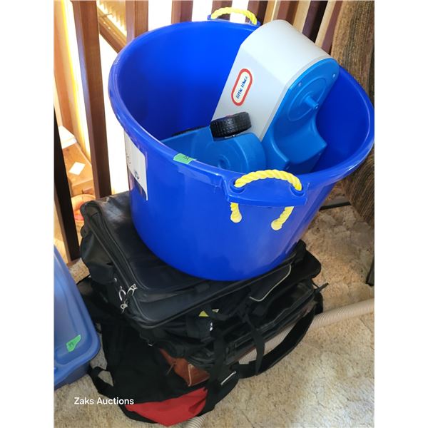 Large Blue Tub + Massive Lot of Laptop, Carry On Bags + Suit Protector (some are leather) - 12 Bags 