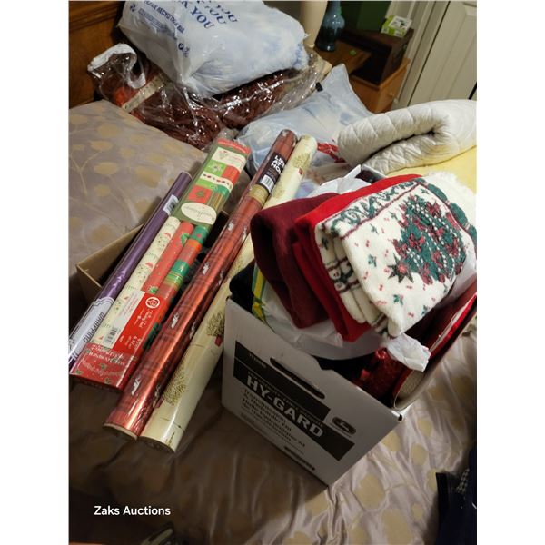 Box of Christmas Linens & Such + New Wrapping Paper + One Silver Spoon Stamped 8305